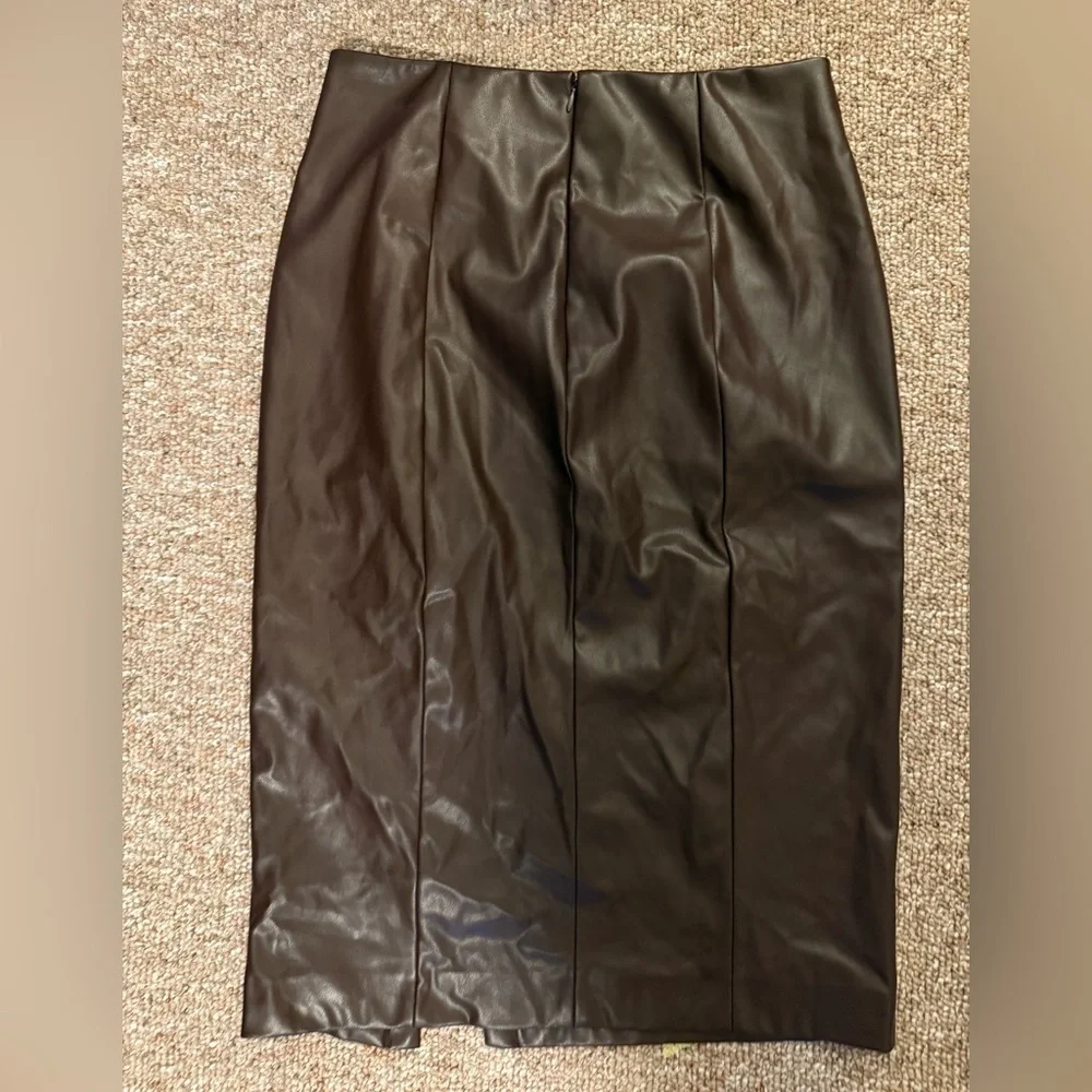 Nine West Women Large Skirt Chocolate Brown Midi Slit Pleather Sexy Business - Picture 5 of 6